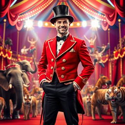 A charismatic ringleader standing confidently in the center of a vibrant circus scene, wearing a classic red tailcoat adorned with gold trim, black trousers, and a top hat