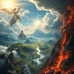 A stunning matte painting depicting a vast and surreal landscape divided into three distinct worlds: Heaven, Earth, and Hell