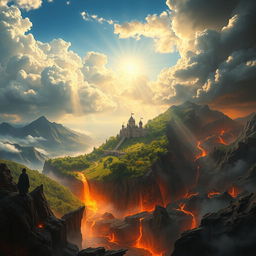 A stunning matte painting depicting a vast and surreal landscape divided into three distinct worlds: Heaven, Earth, and Hell