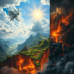 A stunning matte painting depicting a vast and surreal landscape divided into three distinct worlds: Heaven, Earth, and Hell
