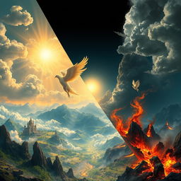 A stunning matte painting depicting a vast and surreal landscape divided into three distinct worlds: Heaven, Earth, and Hell