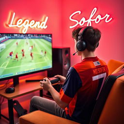 A teenage boy sitting in a cozy room, playing eFootball on a high-end PC setup with a large monitor