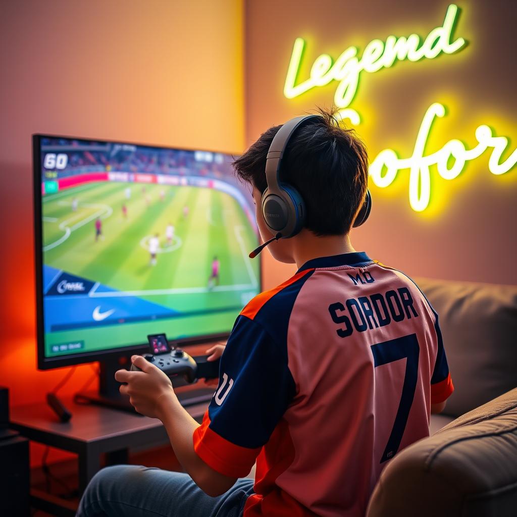 A teenage boy sitting in a cozy room, playing eFootball on a high-end PC setup with a large monitor