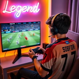 A teenage boy sitting in a cozy room, playing eFootball on a high-end PC setup with a large monitor