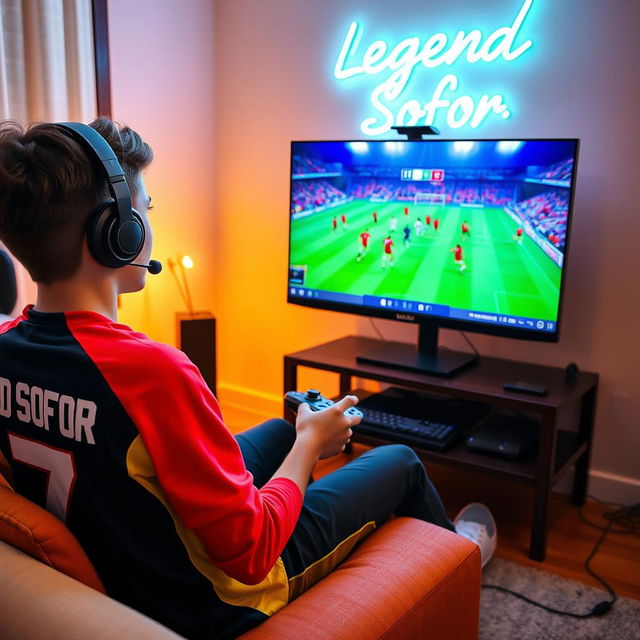 A teenage boy sitting in a cozy room, playing eFootball on a high-end PC setup with a large monitor