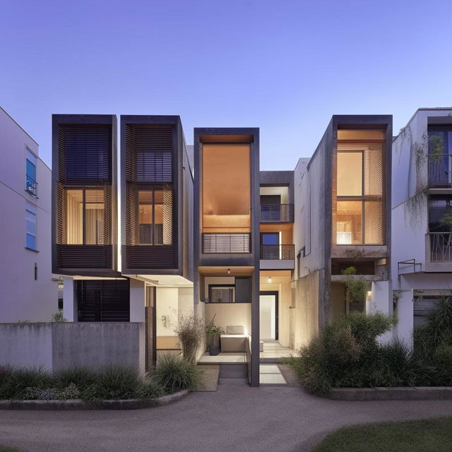 Three interconnected architectural structures, two small units and one large unit with four bedrooms, designed with a stylish modern aesthetic.