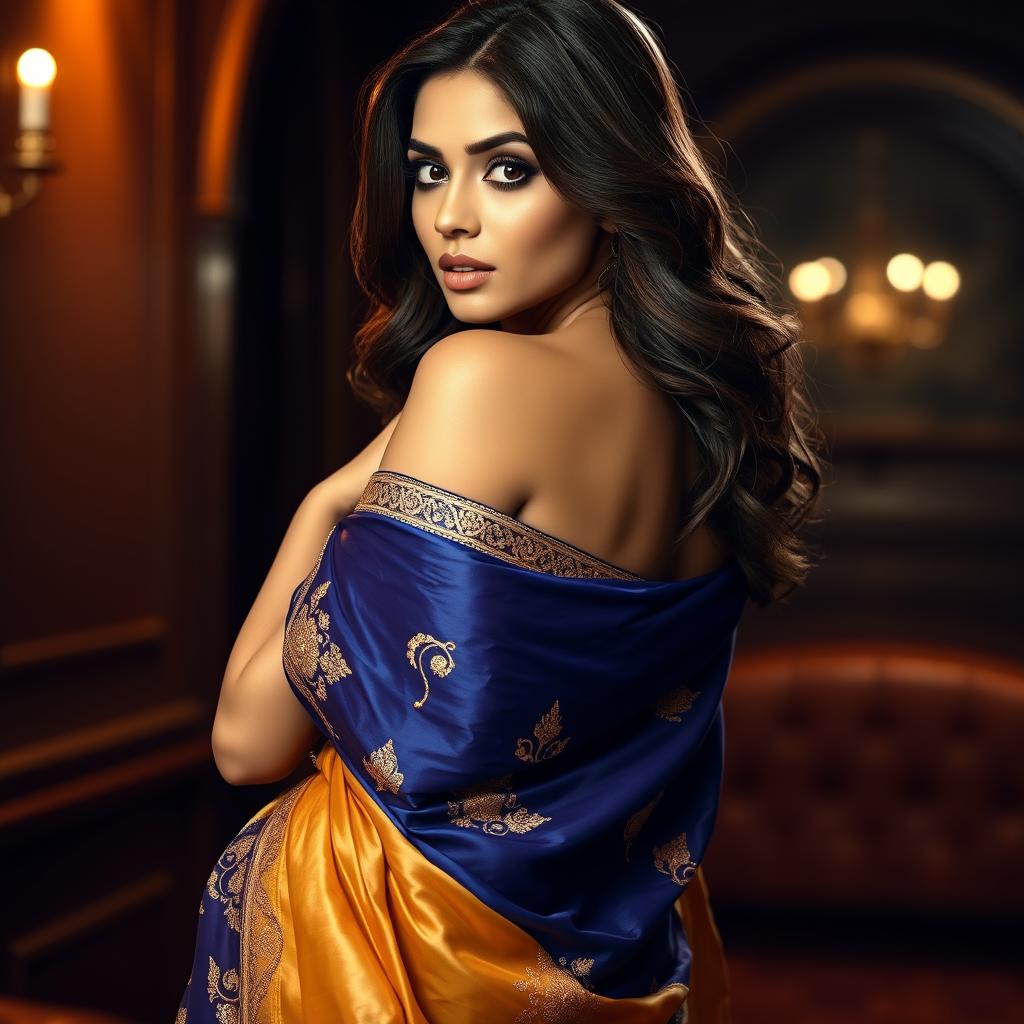 A strikingly beautiful Indian woman draped in a sensuous royal blue saree with intricate golden embroidery, styled to highlight her curves