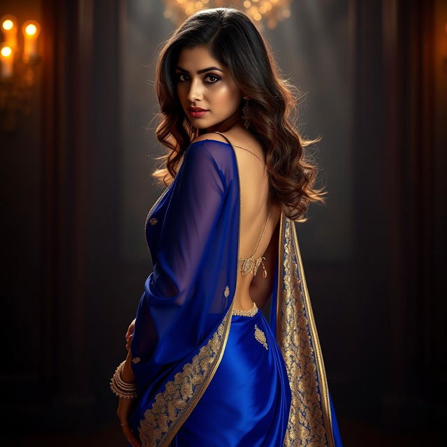 A strikingly beautiful Indian woman draped in a sensuous royal blue saree with intricate golden embroidery, styled to highlight her curves