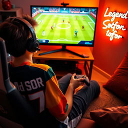 A teenage boy sitting in a cozy room, playing eFootball on a high-end PC setup with a large monitor