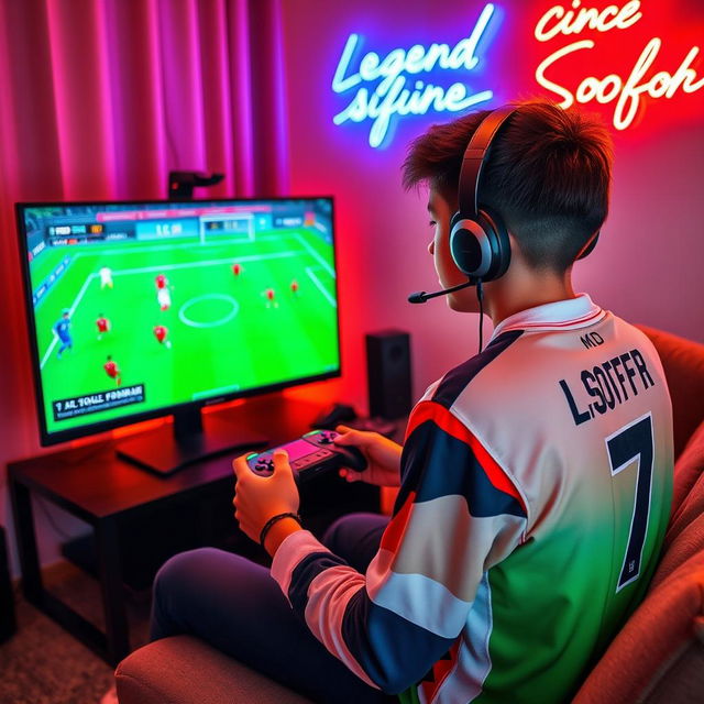 A teenage boy sitting in a cozy room, playing eFootball on a high-end PC setup with a large monitor