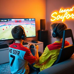 A teenage boy sitting in a cozy room, playing eFootball on a high-end PC setup with a large monitor