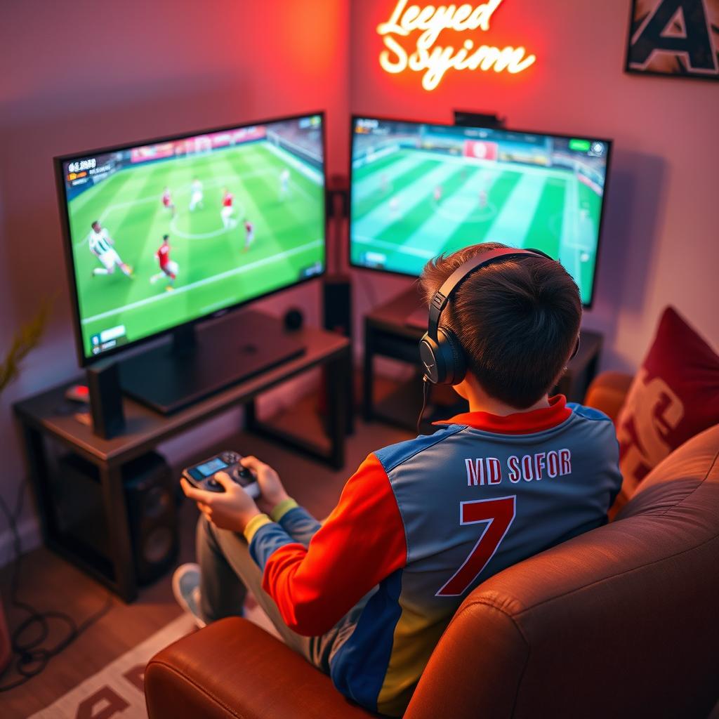 A teenage boy sitting in a cozy room, playing eFootball on a high-end PC setup with a large monitor