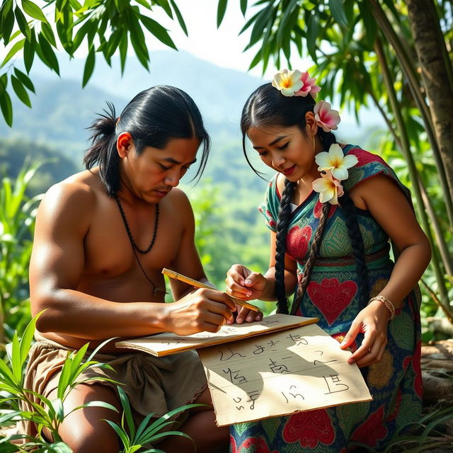 Two pre-colonial Filipinos, a man and a woman, are depicted in a serene outdoor setting, focused on writing on bamboo strips using Baybayin script