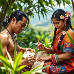 Two pre-colonial Filipinos, a man and a woman, are depicted in a serene outdoor setting, focused on writing on bamboo strips using Baybayin script