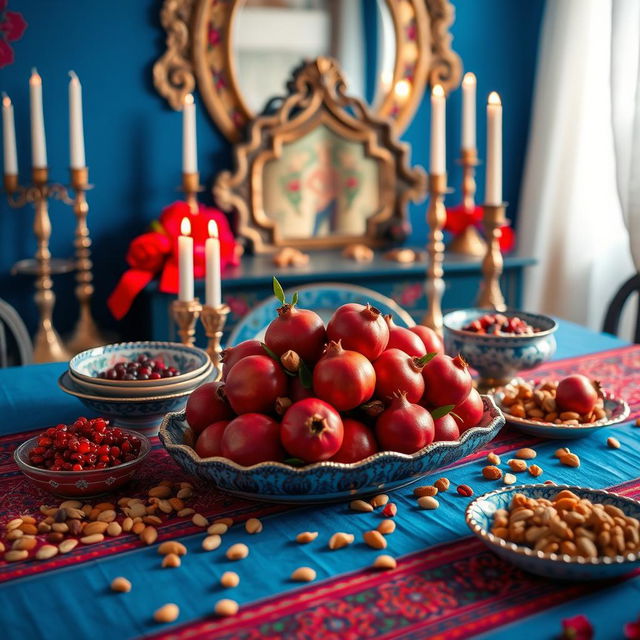 A beautiful traditional Yalda Night setting featuring a vibrant table adorned with classic Persian dishes and a centerpiece of pomegranates