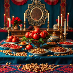 A beautiful traditional Yalda Night setting featuring a vibrant table adorned with classic Persian dishes and a centerpiece of pomegranates