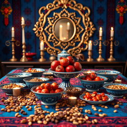 A beautiful traditional Yalda Night setting featuring a vibrant table adorned with classic Persian dishes and a centerpiece of pomegranates