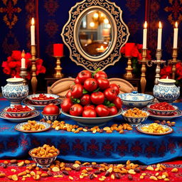 A beautiful traditional Yalda Night setting featuring a vibrant table adorned with classic Persian dishes and a centerpiece of pomegranates