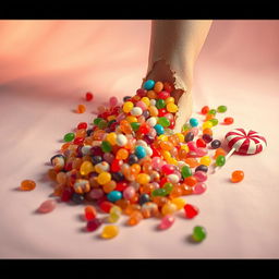 A striking and imaginative scene where colorful candies are spilling out from a torn leg