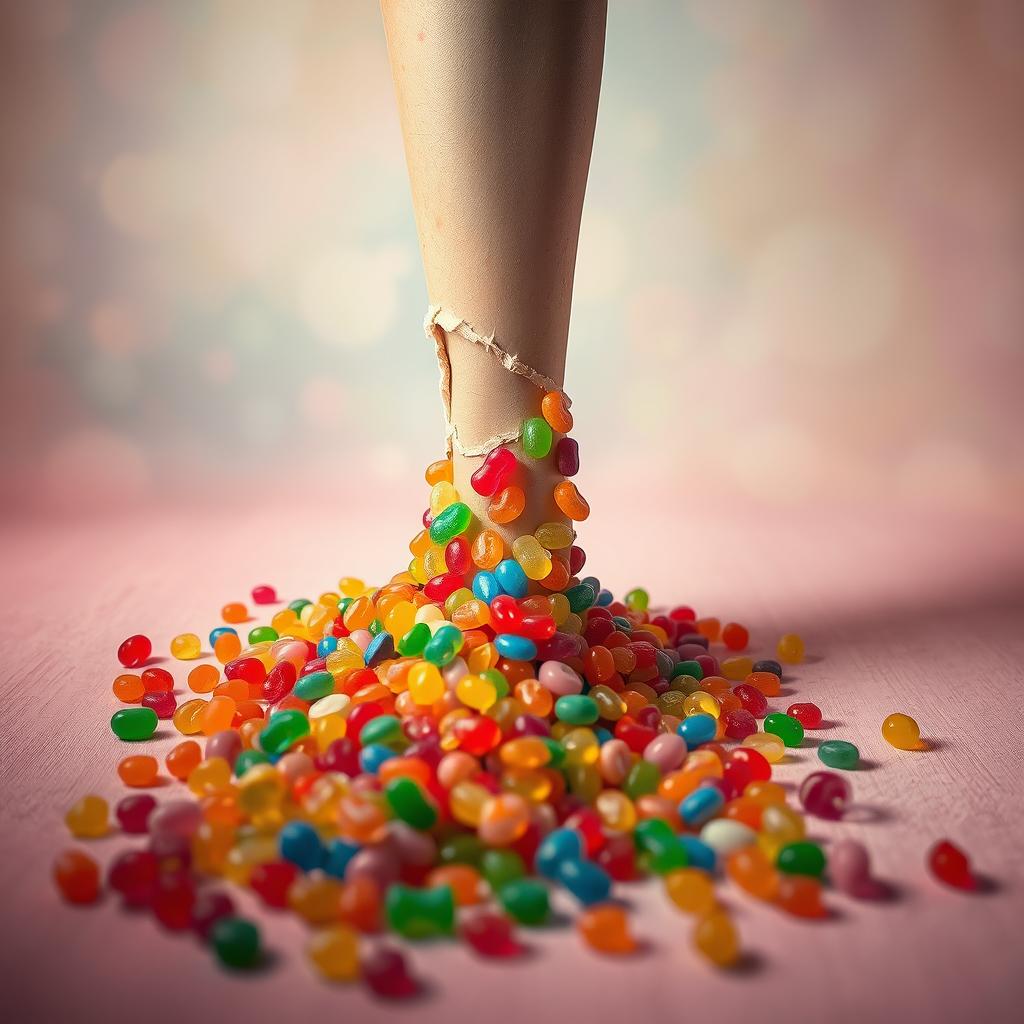 A striking and imaginative scene where colorful candies are spilling out from a torn leg