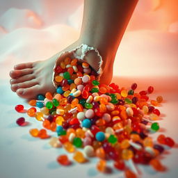 A striking and imaginative scene where colorful candies are spilling out from a torn leg