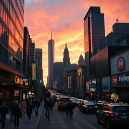 A stunning urban landscape at sunset, showcasing a bustling city with skyscrapers reflecting the orange and purple hues of the sunset sky