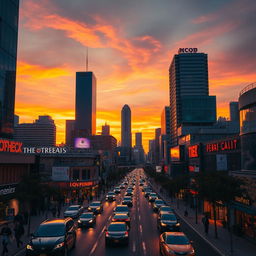 A stunning urban landscape at sunset, showcasing a bustling city with skyscrapers reflecting the orange and purple hues of the sunset sky