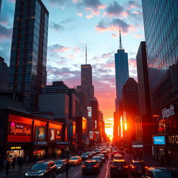 A stunning urban landscape at sunset, showcasing a bustling city with skyscrapers reflecting the orange and purple hues of the sunset sky
