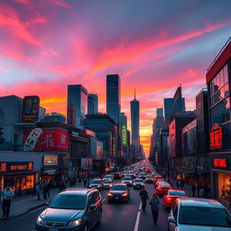 A stunning urban landscape at sunset, showcasing a bustling city with skyscrapers reflecting the orange and purple hues of the sunset sky