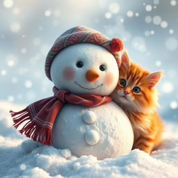 A beautifully detailed close-up image of a snowman on a snowy landscape, with a fluffy red cat next to it