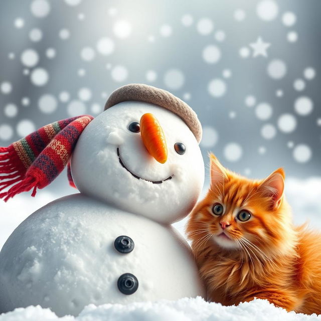 A beautifully detailed close-up image of a snowman on a snowy landscape, with a fluffy red cat next to it