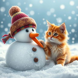 A beautifully detailed close-up image of a snowman on a snowy landscape, with a fluffy red cat next to it