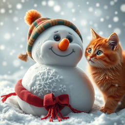 A beautifully detailed close-up image of a snowman on a snowy landscape, with a fluffy red cat next to it