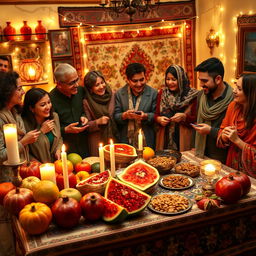 A festive Yalda Night celebration scene, beautifully decorated with traditional Persian elements