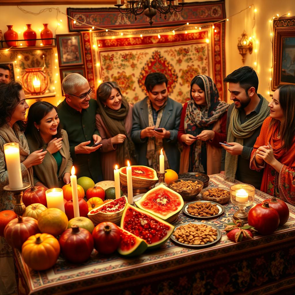 A festive Yalda Night celebration scene, beautifully decorated with traditional Persian elements