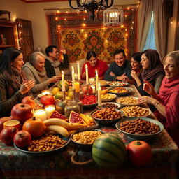 A festive Yalda Night celebration scene, beautifully decorated with traditional Persian elements