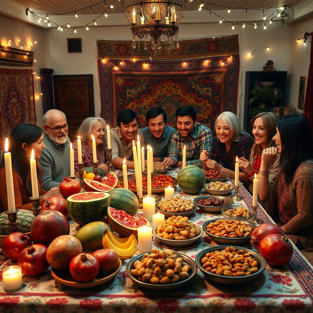 A festive Yalda Night celebration scene, beautifully decorated with traditional Persian elements