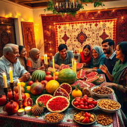 A festive Yalda Night celebration scene, beautifully decorated with traditional Persian elements