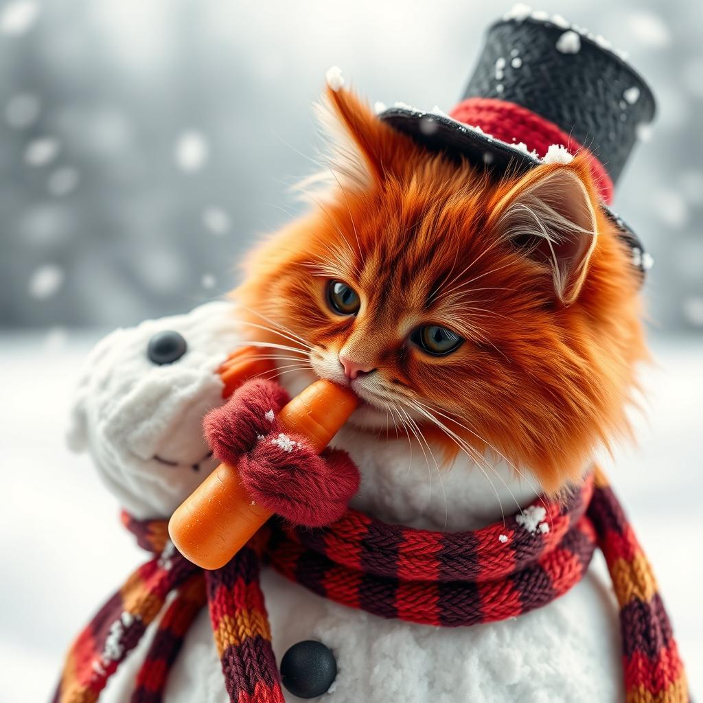 A close-up image of a beautifully crafted snowman with a vibrant red fluffy cat playfully inserting a carrot in place of the snowman's nose