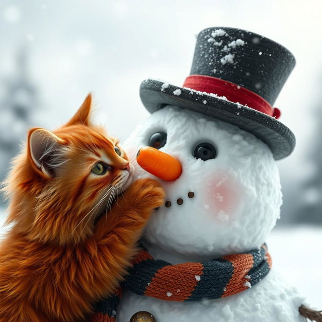 A close-up image of a beautifully crafted snowman with a vibrant red fluffy cat playfully inserting a carrot in place of the snowman's nose