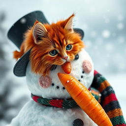A close-up image of a beautifully crafted snowman with a vibrant red fluffy cat playfully inserting a carrot in place of the snowman's nose