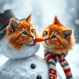 A close-up image of a beautifully crafted snowman with a vibrant red fluffy cat playfully inserting a carrot in place of the snowman's nose