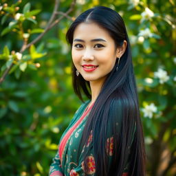 A portrait of a beautiful Myanmar woman with long black hair and traditional attire, gracefully posing in a lush outdoor setting