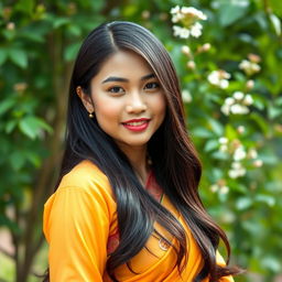 A portrait of a beautiful Myanmar woman with long black hair and traditional attire, gracefully posing in a lush outdoor setting