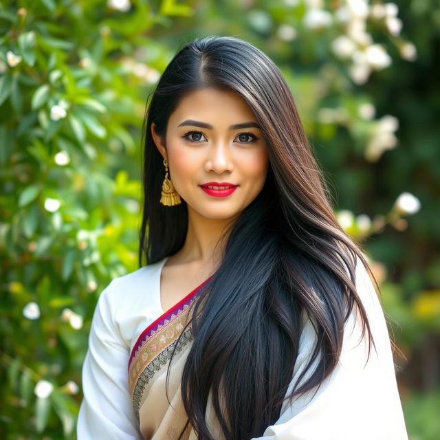 A portrait of a beautiful Myanmar woman with long black hair and traditional attire, gracefully posing in a lush outdoor setting