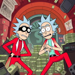 Rick and Morty dressed as characters from the series 'Money Heist' ('La Casa de Papel'), featuring Rick in a red jumpsuit with a black mask and Morty wearing a matching outfit