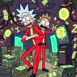 Rick and Morty dressed as characters from the series 'Money Heist' ('La Casa de Papel'), featuring Rick in a red jumpsuit with a black mask and Morty wearing a matching outfit