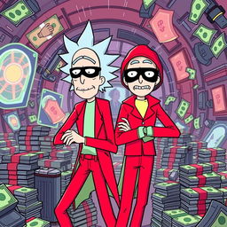 Rick and Morty dressed as characters from the series 'Money Heist' ('La Casa de Papel'), featuring Rick in a red jumpsuit with a black mask and Morty wearing a matching outfit