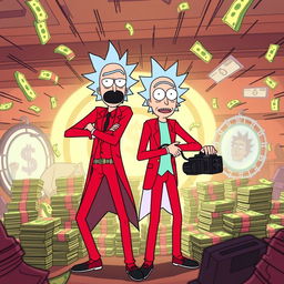 Rick and Morty dressed as characters from the series 'Money Heist' ('La Casa de Papel'), featuring Rick in a red jumpsuit with a black mask and Morty wearing a matching outfit