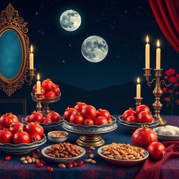 A rectangular horizontal image with a width twice the length depicting a traditional Yalda Night scene